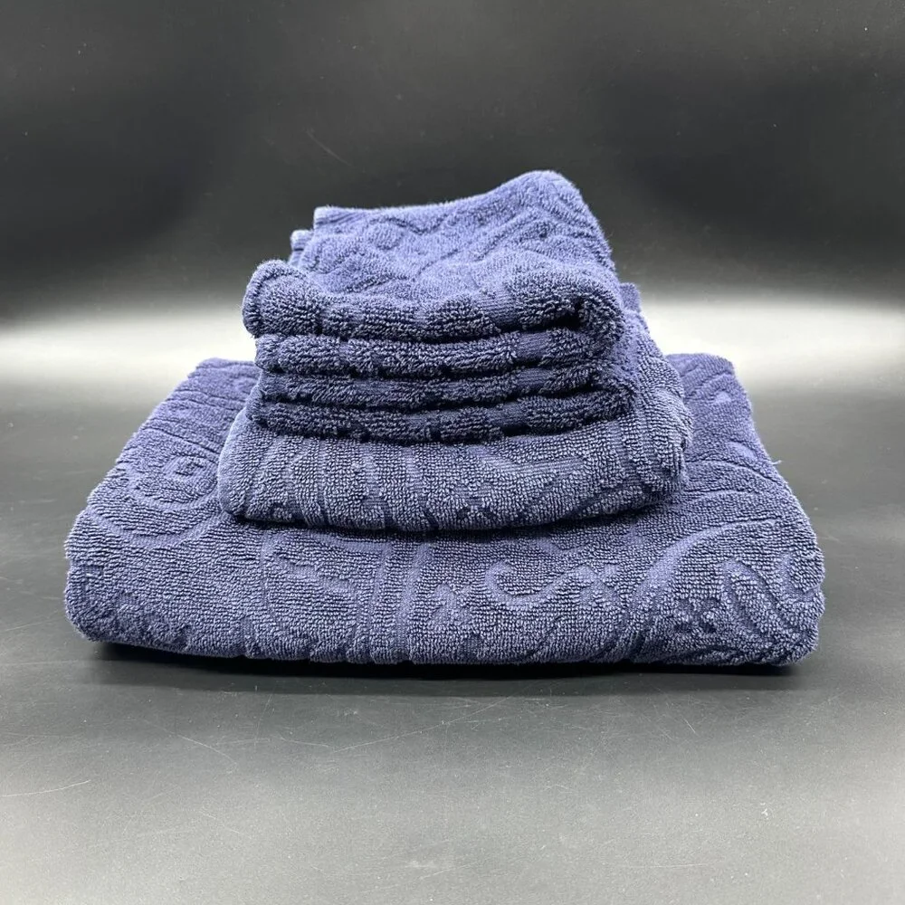 Lauren Ralph Lauren Blue Cotton Towel Set Sculpted Bath Hand Towel 2 Washcloths